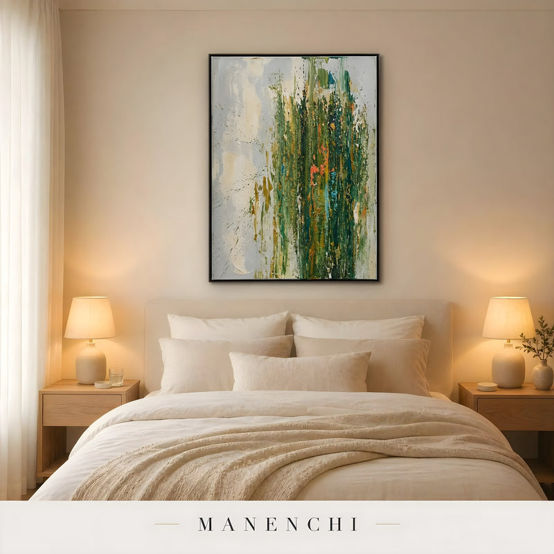 Emerald Verdant Resonance abstract painting displayed in bedroom installation