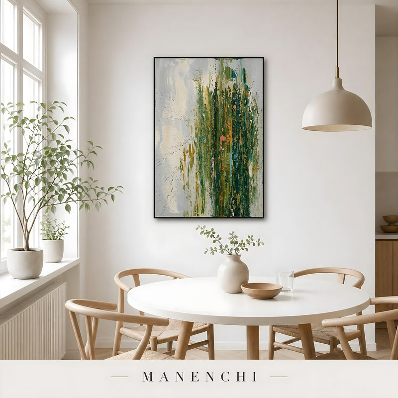 Emerald Verdant Resonance abstract painting displayed in dining room natural