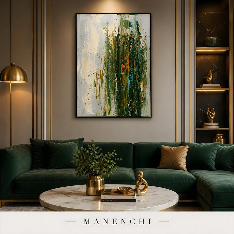 Emerald Verdant Resonance abstract painting displayed in living room luxe