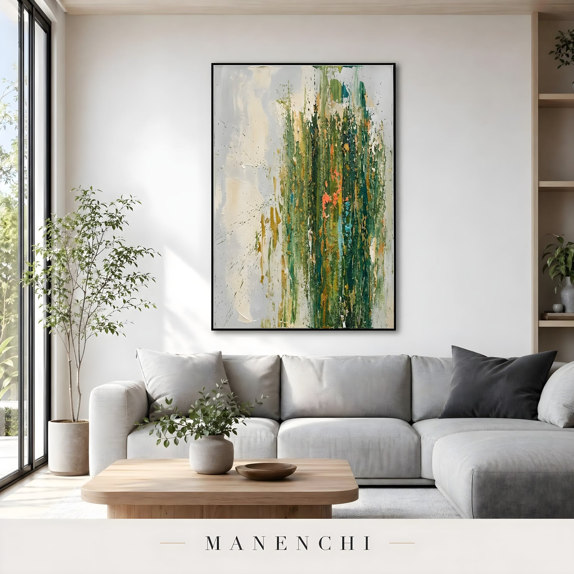 Emerald Verdant Resonance abstract painting displayed in living room modern