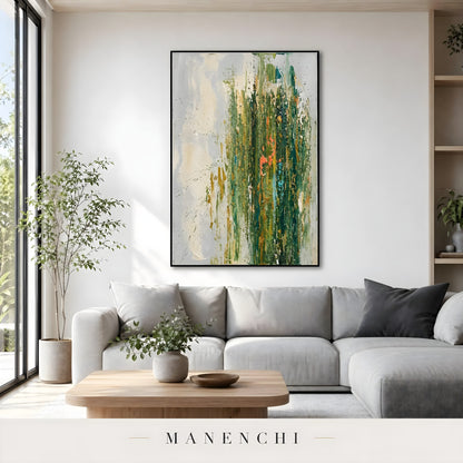 Emerald Verdant Resonance abstract painting displayed in living room modern