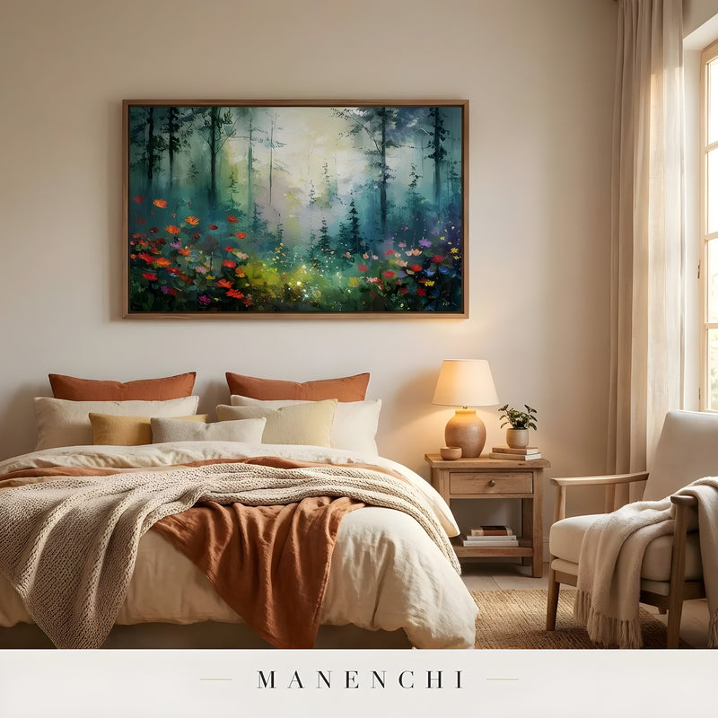 Enchanted Woodland Bloom abstract painting displayed in bedroom