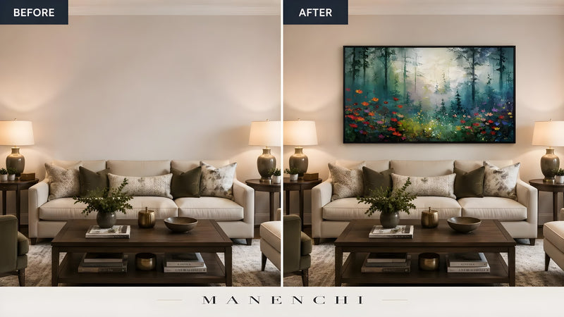 Enchanted Woodland Bloom original hand-painted abstract painting, before and after in a styled room