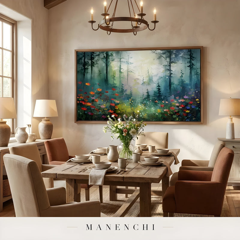 Enchanted Woodland Bloom abstract painting displayed in dining room