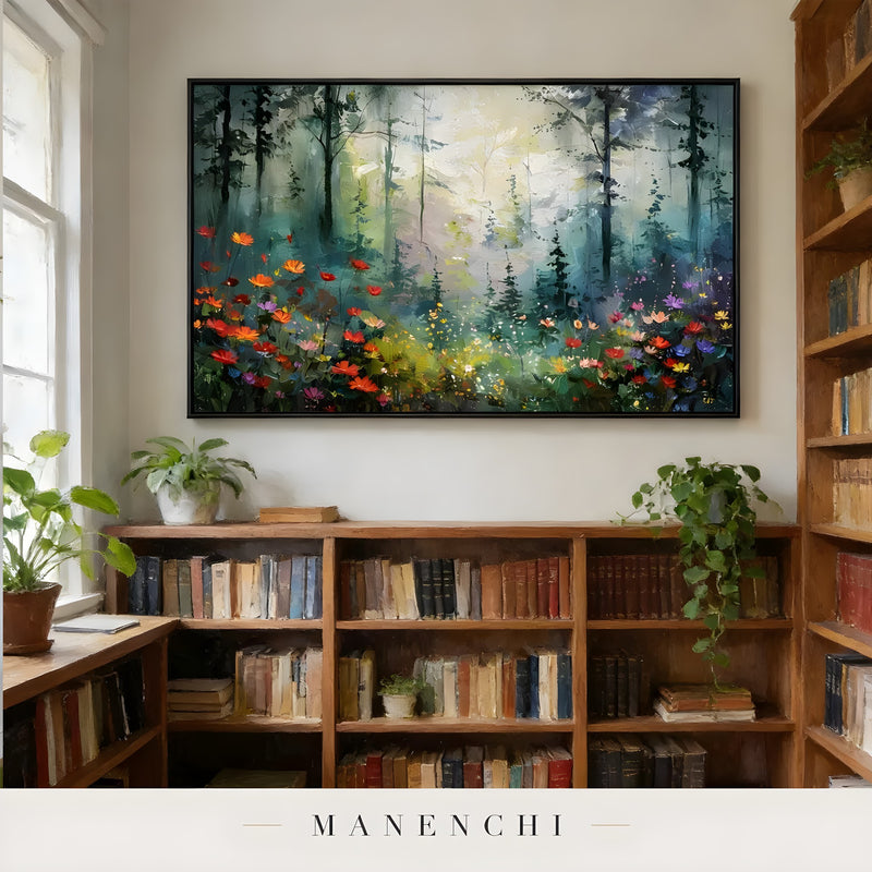 Enchanted Woodland Bloom abstract painting displayed in library