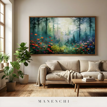 Enchanted Woodland Bloom abstract painting displayed in living room