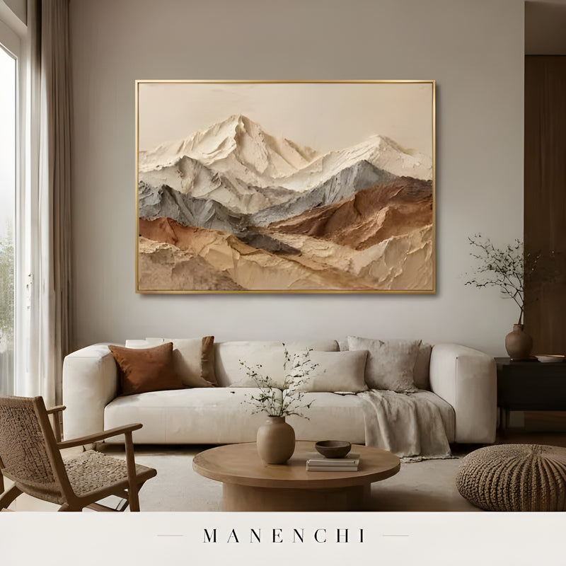 Ethereal Alpine Peaks abstract painting displayed in living room chairs artwork