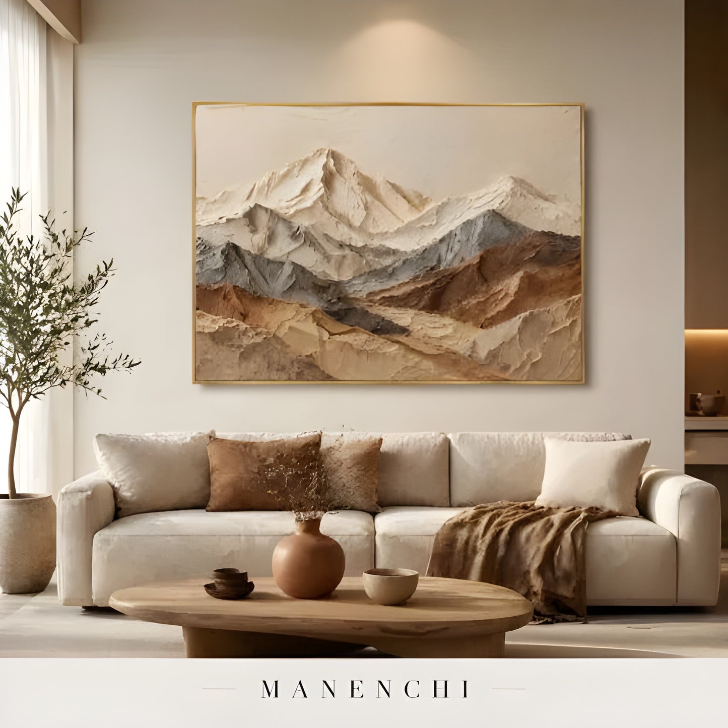 Ethereal Alpine Peaks abstract painting displayed in living room sofa artwork