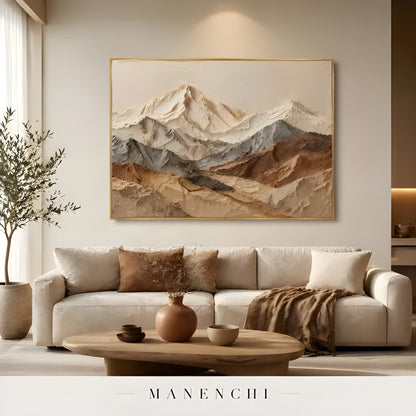 Ethereal Alpine Peaks abstract painting displayed in living room sofa artwork