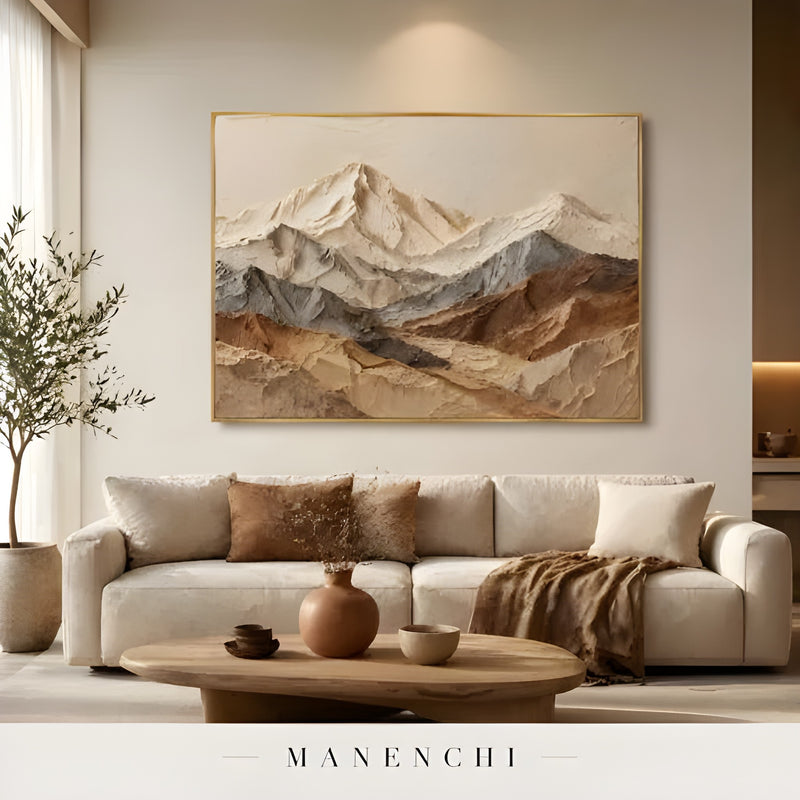 Ethereal Alpine Peaks abstract painting displayed in living room sofa artwork