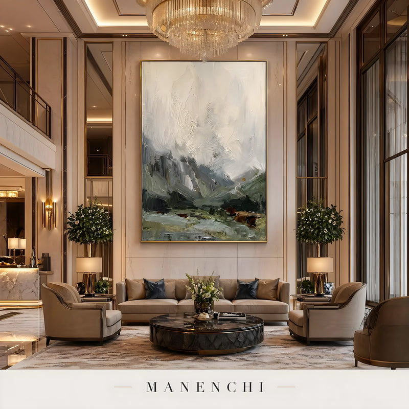 Ethereal Alpine Vista abstract painting displayed in bright elegant living room