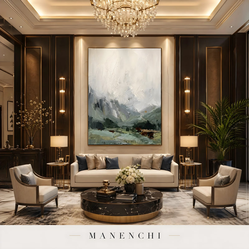 Ethereal Alpine Vista abstract painting displayed in dark luxurious living room