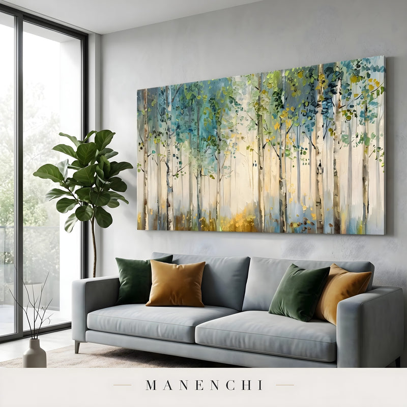 Ethereal Birch Forest abstract painting displayed in modern living room sofa