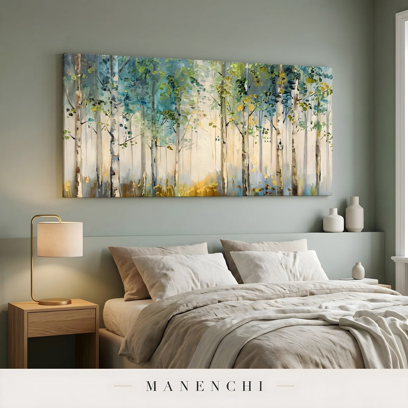 Ethereal Birch Forest abstract painting displayed in serene bedroom wall decor