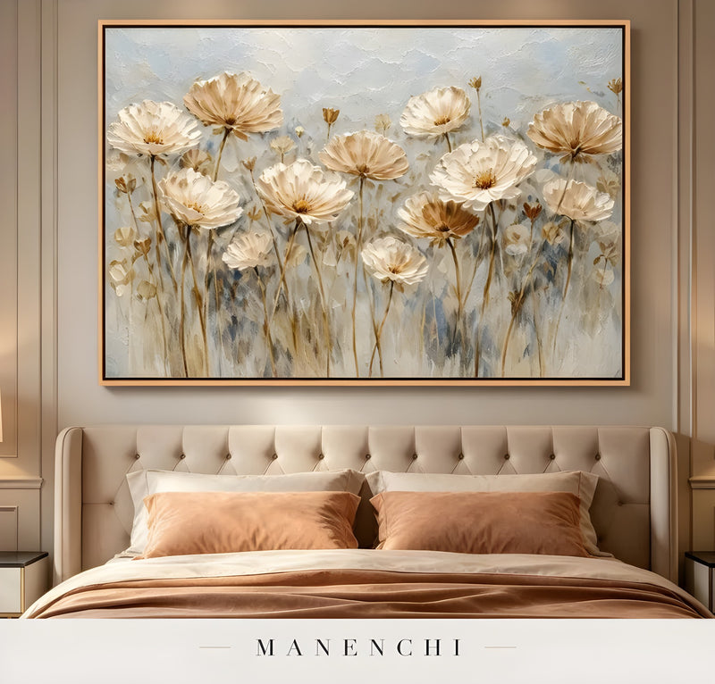 Ethereal Bloom Fields abstract painting displayed in bedroom wall art
