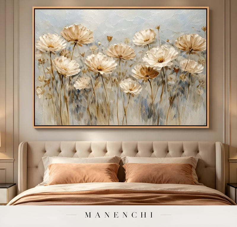 Ethereal Bloom Fields abstract painting displayed in bedroom with tufted headboard