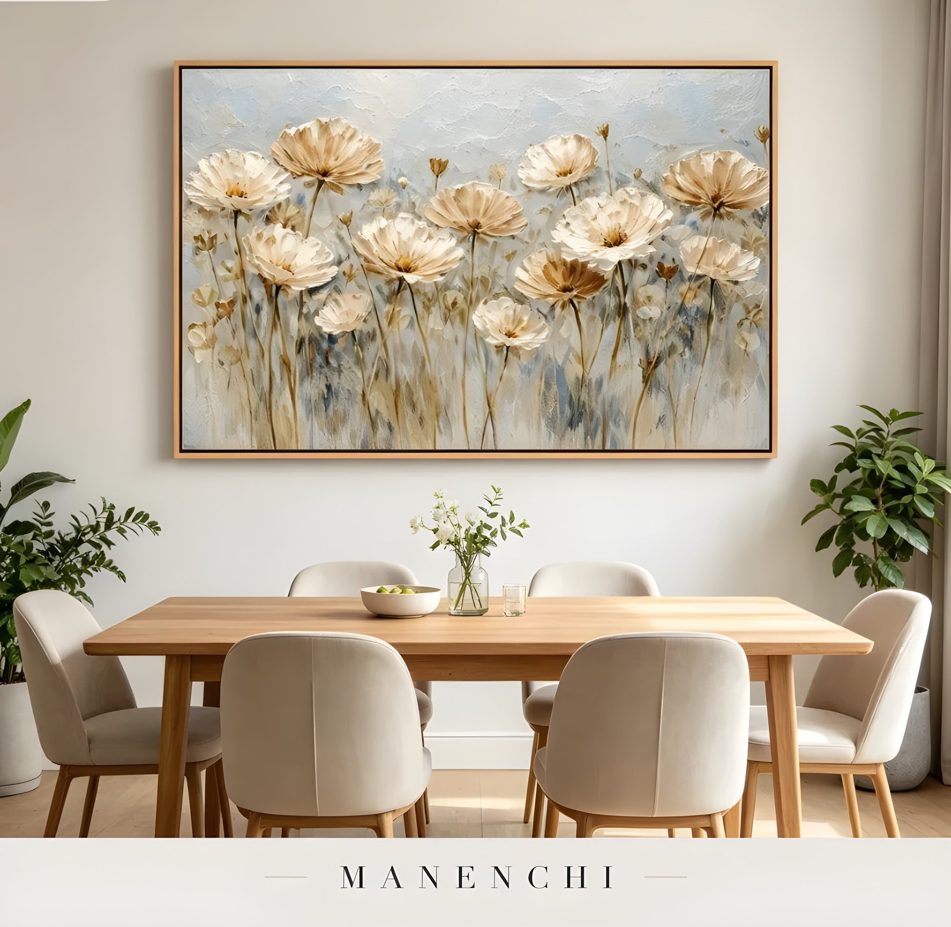 Ethereal Bloom Fields abstract painting displayed in dining room interior