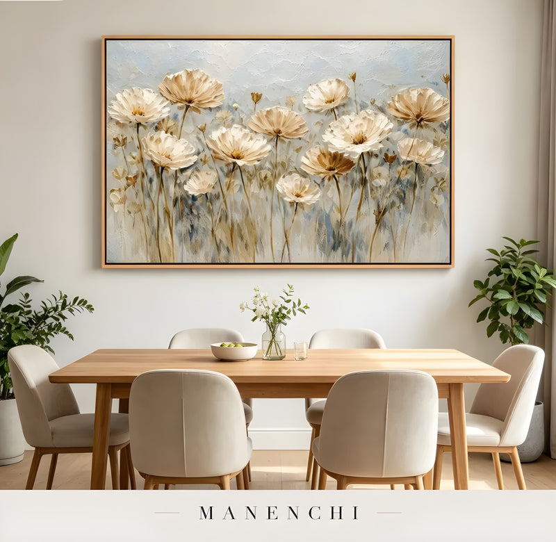 Ethereal Bloom Fields abstract painting displayed in dining room table decor