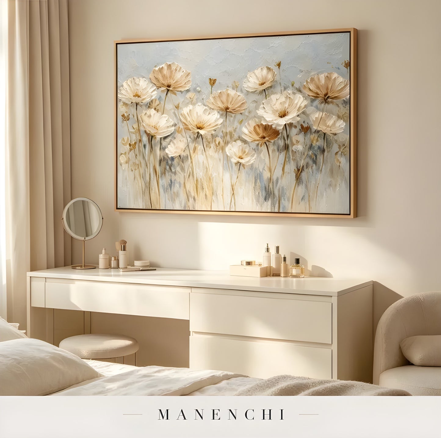 Ethereal Bloom Fields abstract painting displayed in vanity table setup