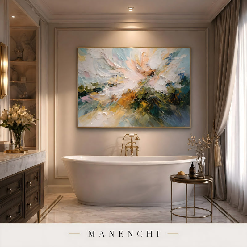 Ethereal Bloom Horizon abstract painting displayed in bathroom with bathtub