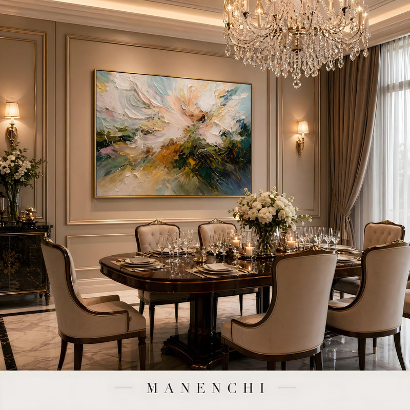 Ethereal Bloom Horizon abstract painting displayed in dining room table