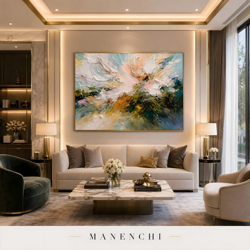 Ethereal Bloom Horizon abstract painting displayed in living room sofa