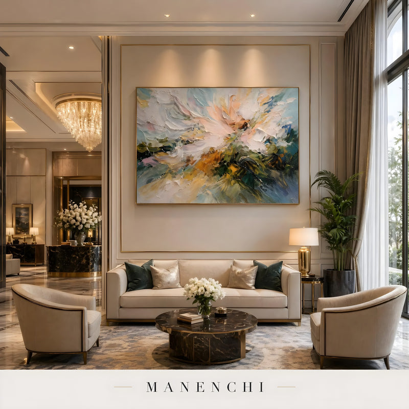 Ethereal Bloom Horizon abstract painting displayed in modern lounge area