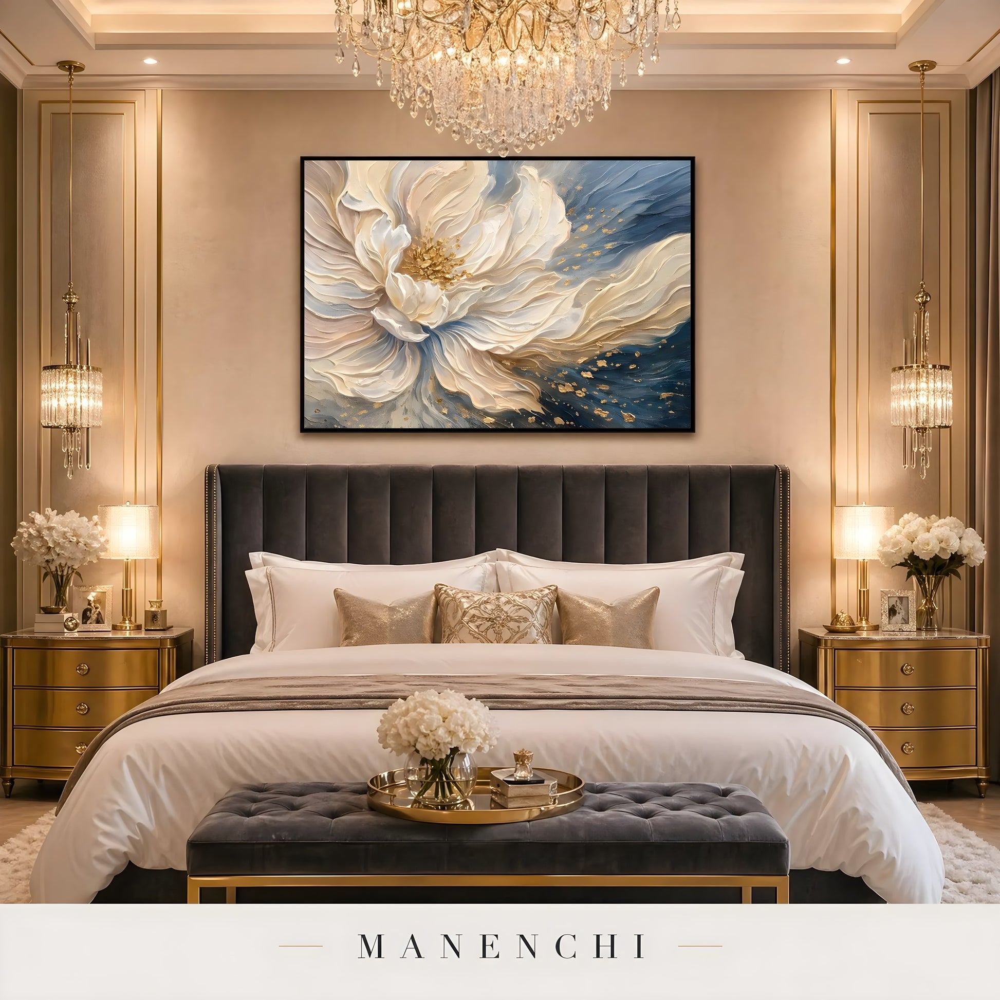 Ethereal Bloom abstract painting displayed in bedroom with painting