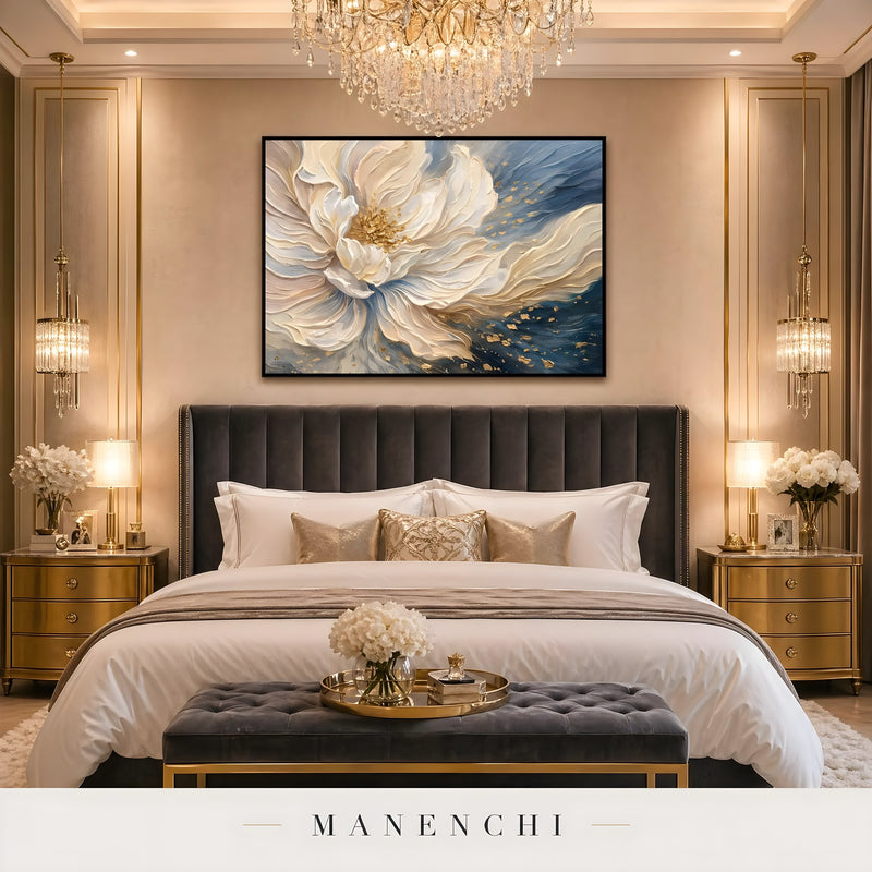 Ethereal Bloom abstract painting displayed in bedroom with painting