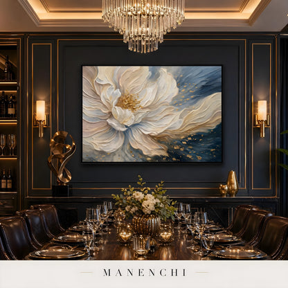 Ethereal Bloom abstract painting displayed in elegant dining room setting