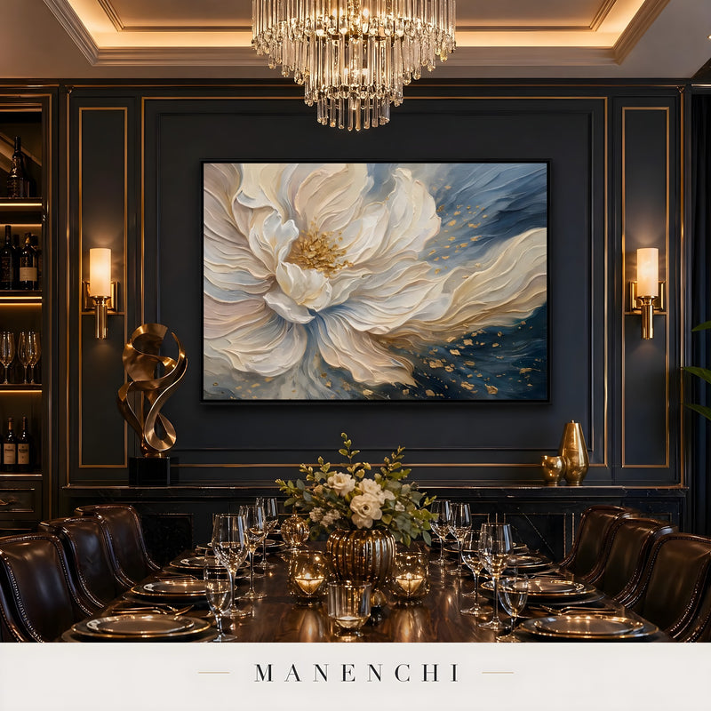 Ethereal Bloom abstract painting displayed in elegant dining room setting