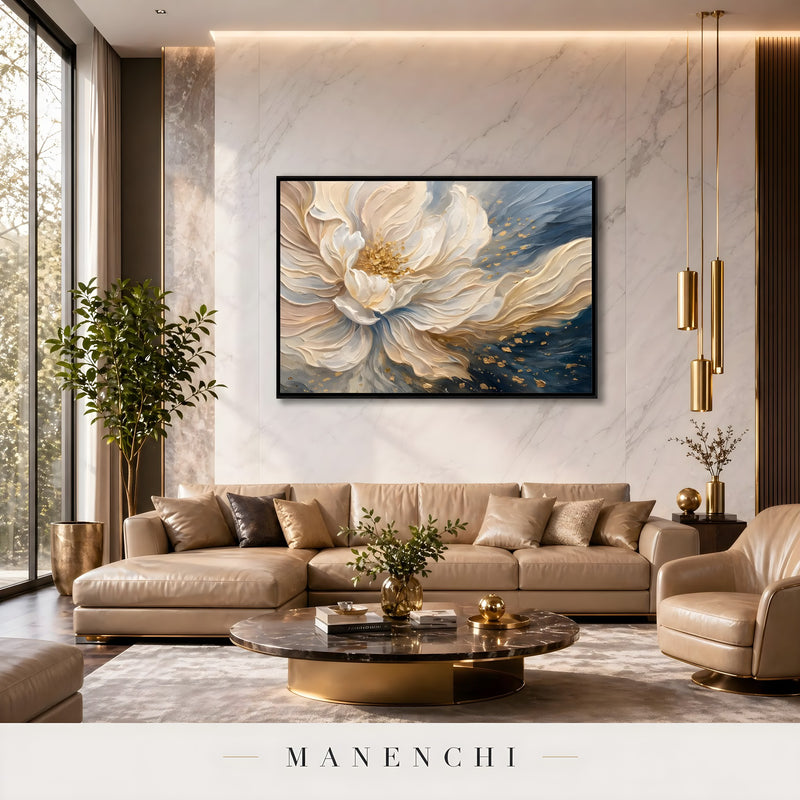 Ethereal Bloom abstract painting displayed in modern living room decor