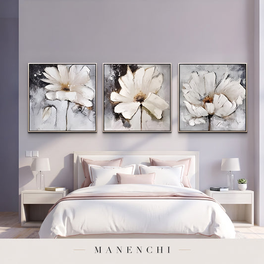 Ethereal Blooms abstract painting displayed in a modern bedroom