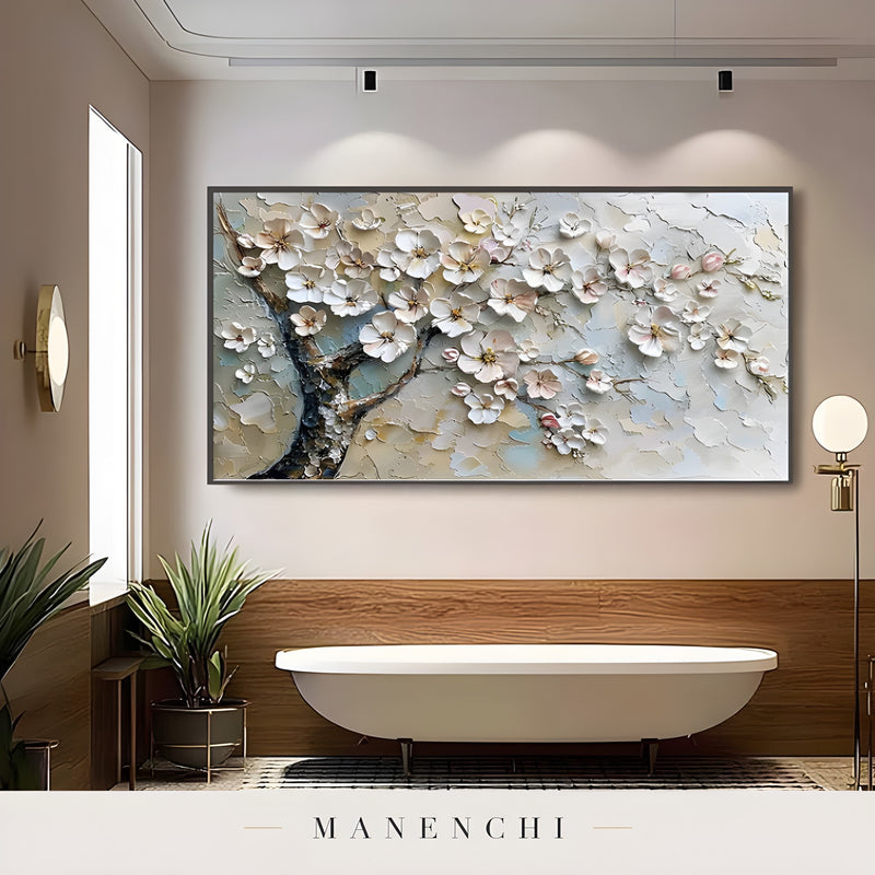 Ethereal Blossom abstract painting displayed in bathroom wall art