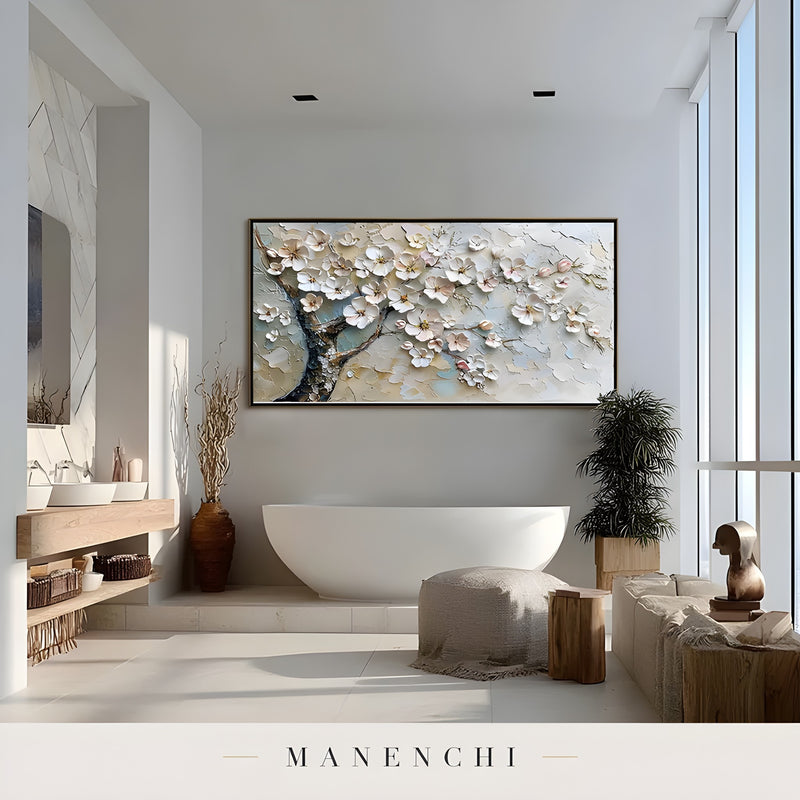 Ethereal Blossom abstract painting displayed in modern bathroom interior