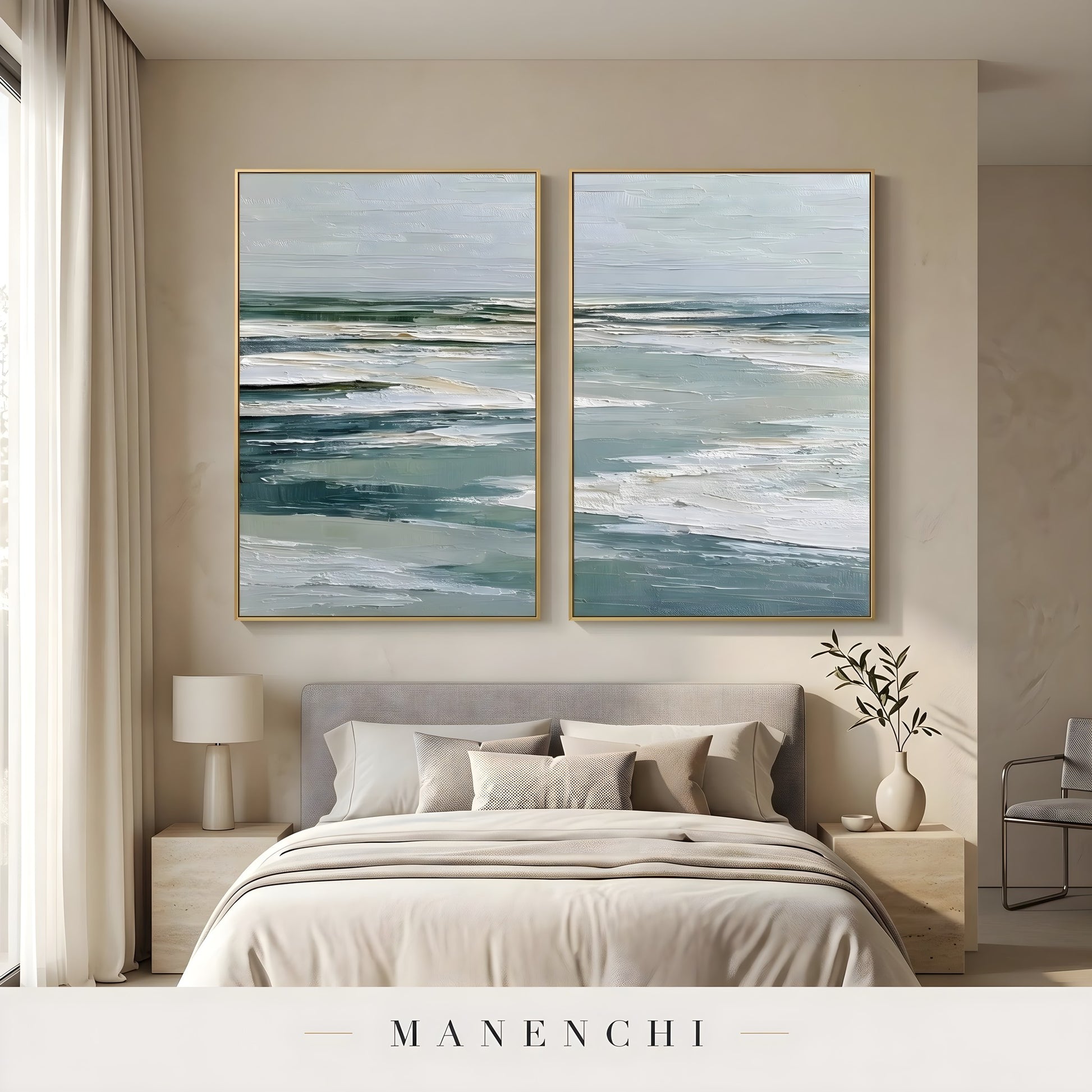 Ethereal Coastal Horizon abstract painting displayed in bedroom artwork installation