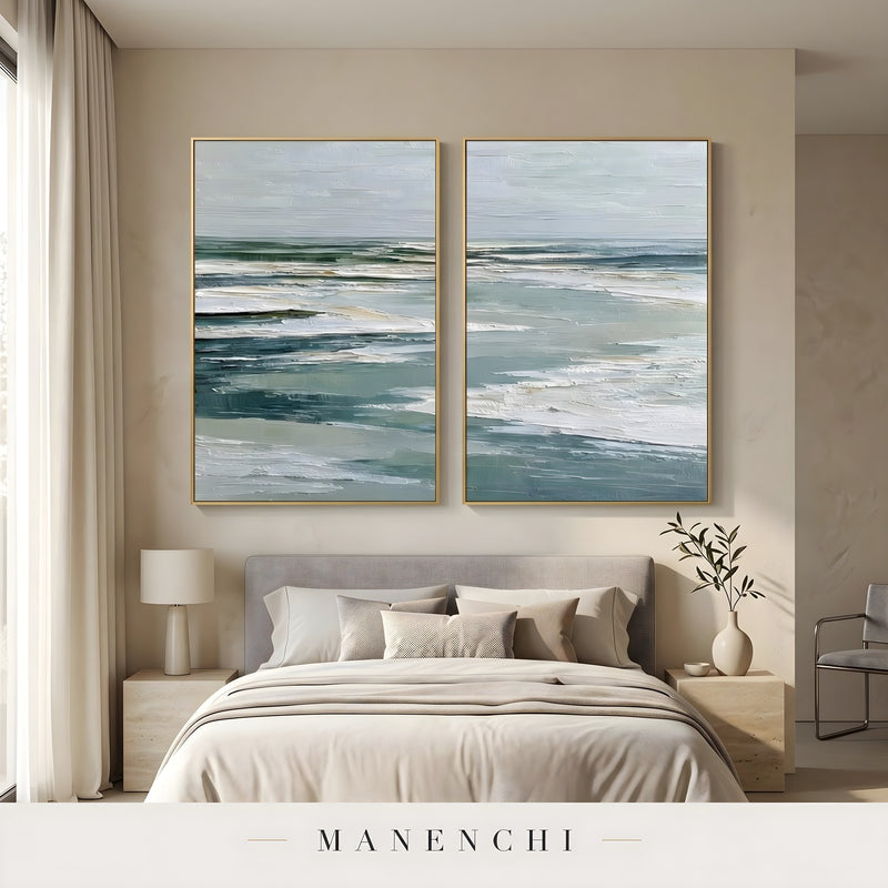 Ethereal Coastal Horizon abstract painting displayed in bedroom artwork installation