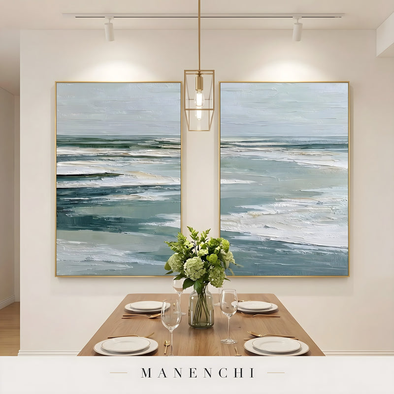 Ethereal Coastal Horizon abstract painting displayed in dining room artwork display