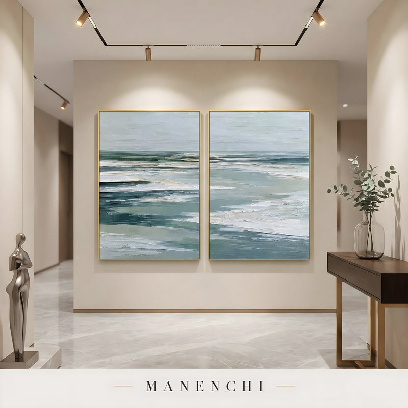 Ethereal Coastal Horizon abstract painting displayed in hallway artwork display