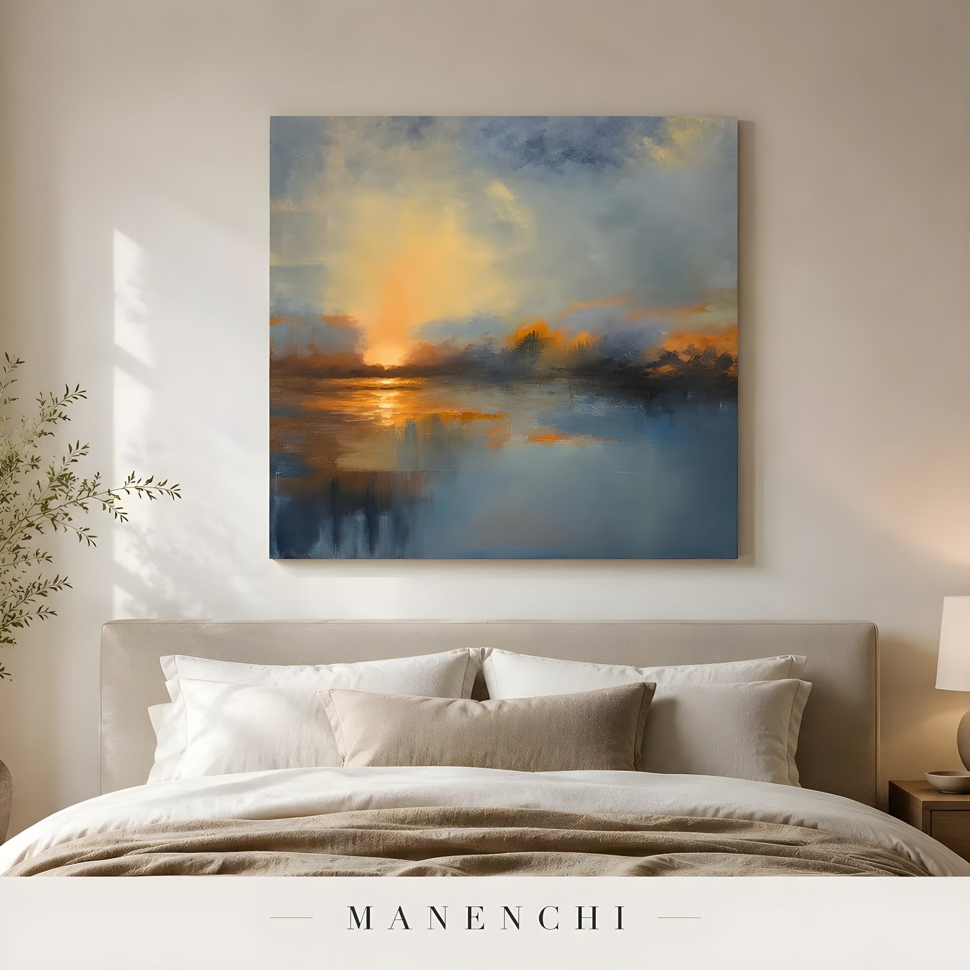 Ethereal Horizon Glow abstract painting displayed in bedroom wall art