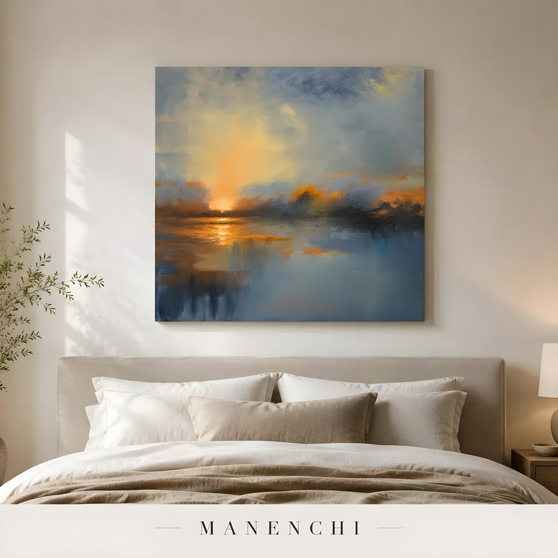 Ethereal Horizon Glow abstract painting displayed in bedroom wall art