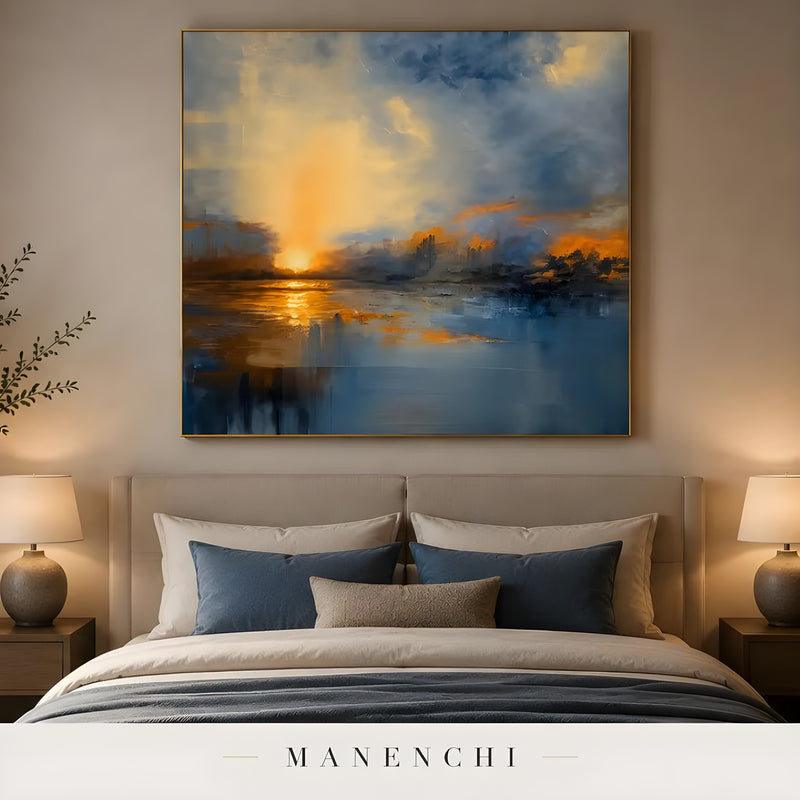 Ethereal Horizon Glow abstract painting displayed in bedroom with lamps