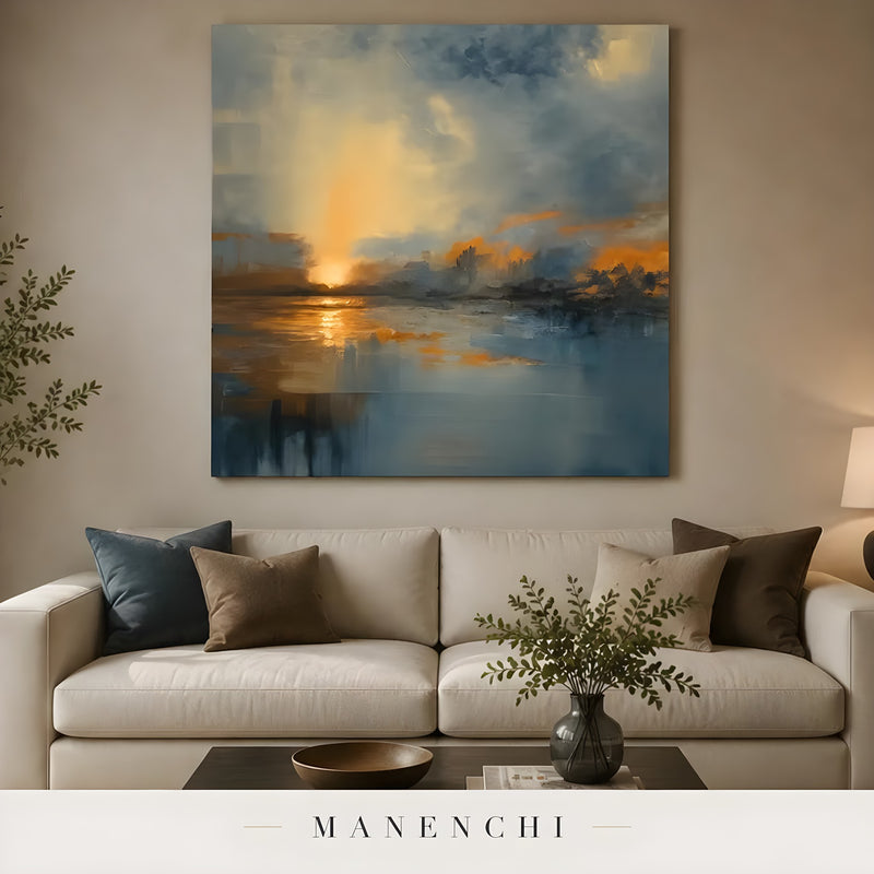 Ethereal Horizon Glow abstract painting displayed in living room sofa decor