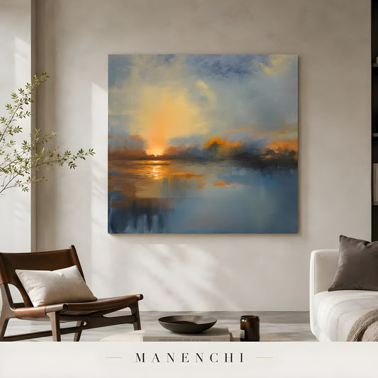 Ethereal Horizon Glow abstract painting displayed in lounge area seating