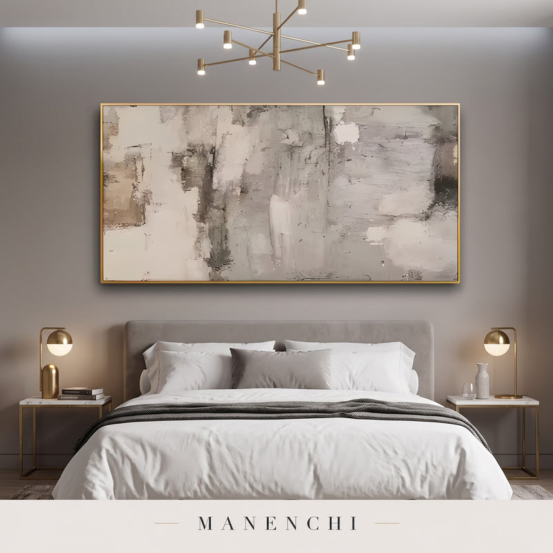 Ethereal Layers abstract painting displayed in a modern bedroom