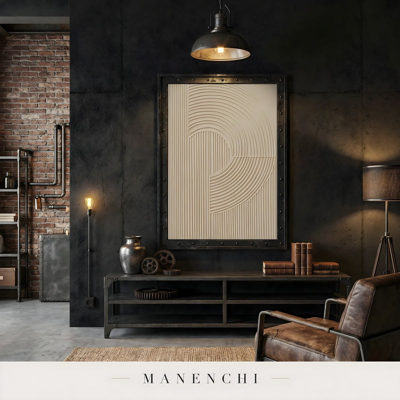 Ethereal Linear Harmony abstract painting displayed in industrial living room display