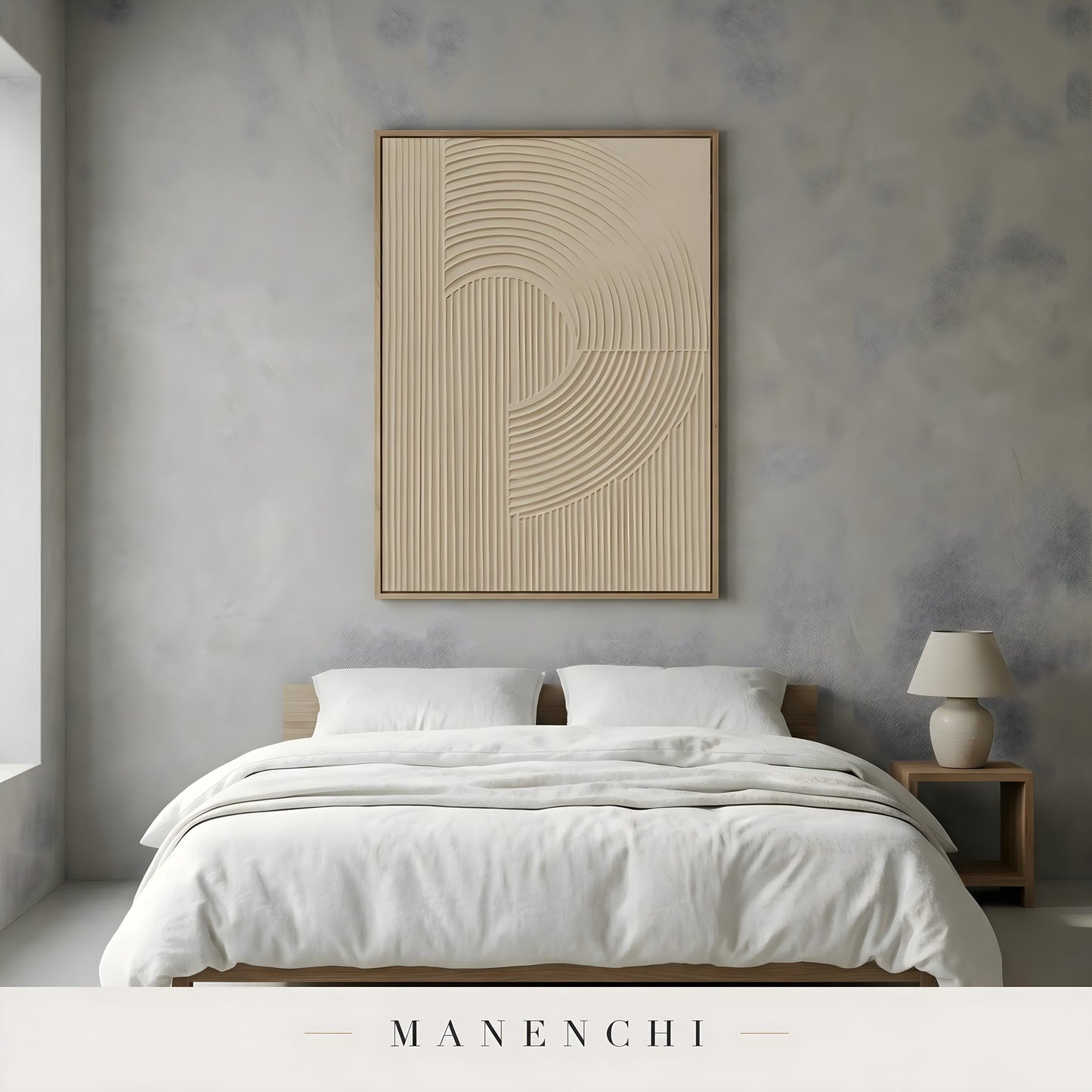 Ethereal Linear Harmony abstract painting displayed in minimalist bedroom wall decor