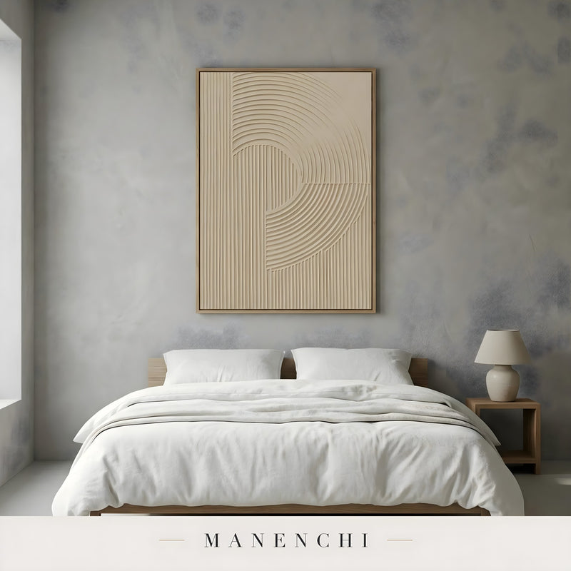 Ethereal Linear Harmony abstract painting displayed in minimalist bedroom wall decor