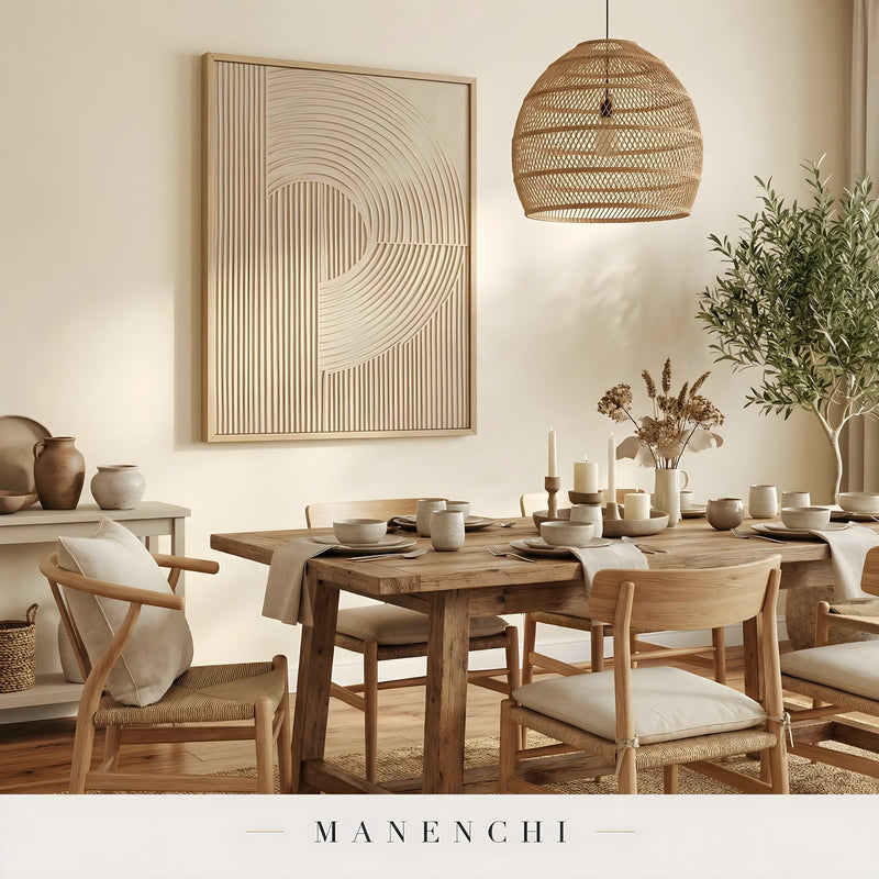 Ethereal Linear Harmony abstract painting displayed in rustic dining room setup