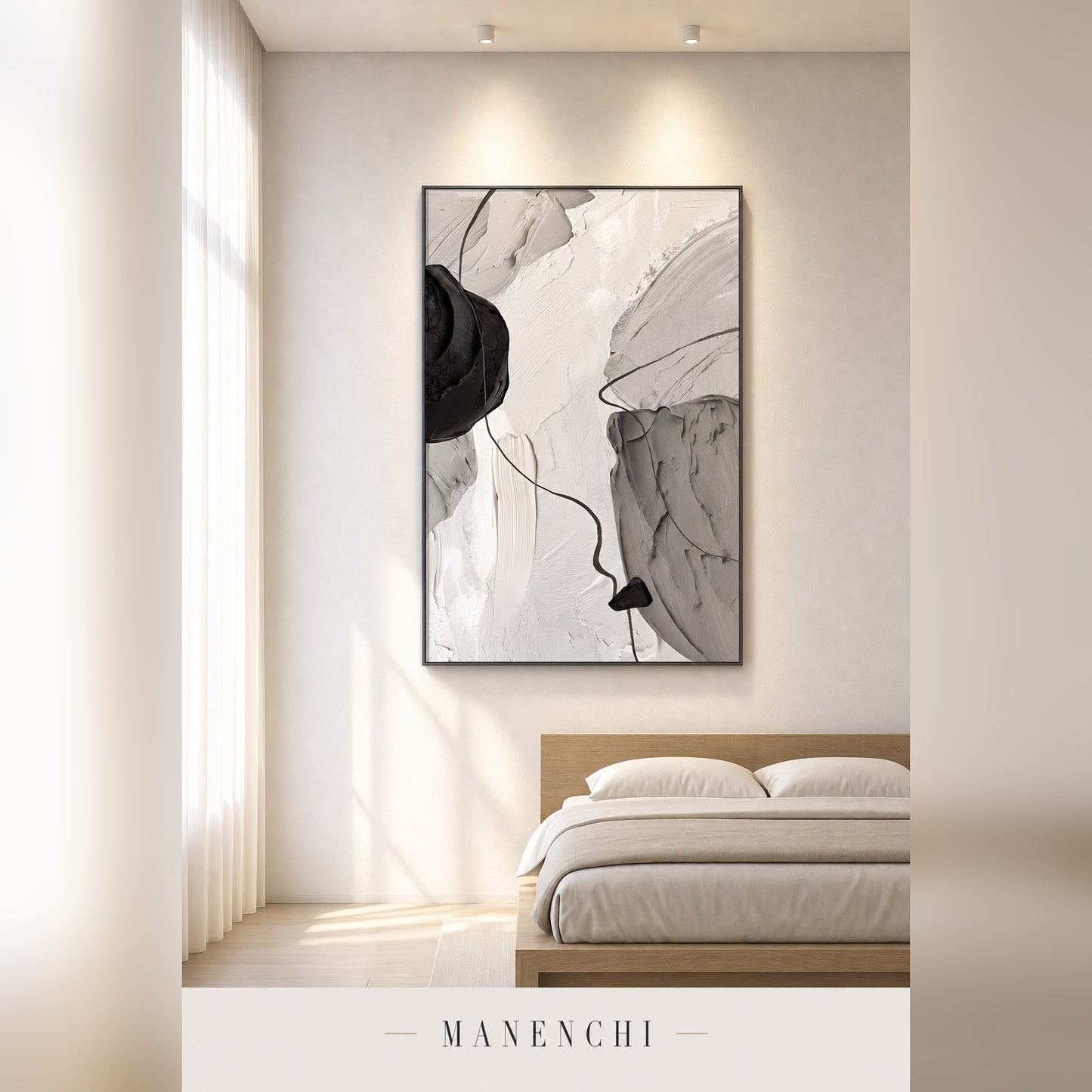 Ethereal Monochrome abstract painting displayed in a modern bedroom